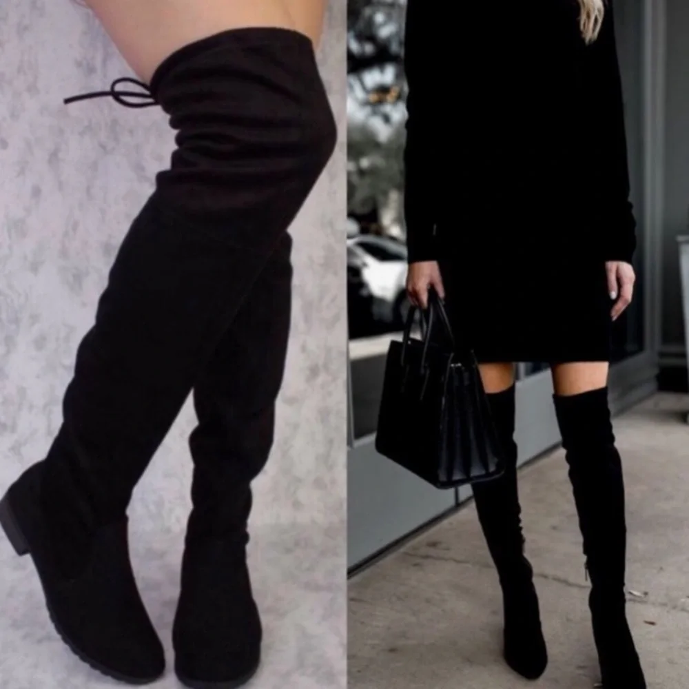 Black faux suede women tall boots drawstring black